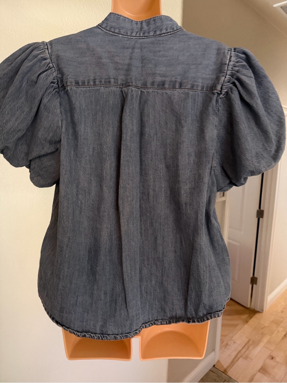 Denim Chambray Puff Sleeve Button Up Prairie Blouse Cottagecore Top - Picture 6 of 12